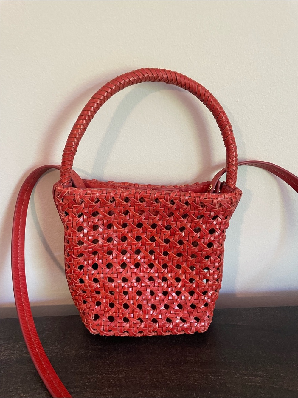 Madewell Red Woven Leather Crossbody Bucket Bag